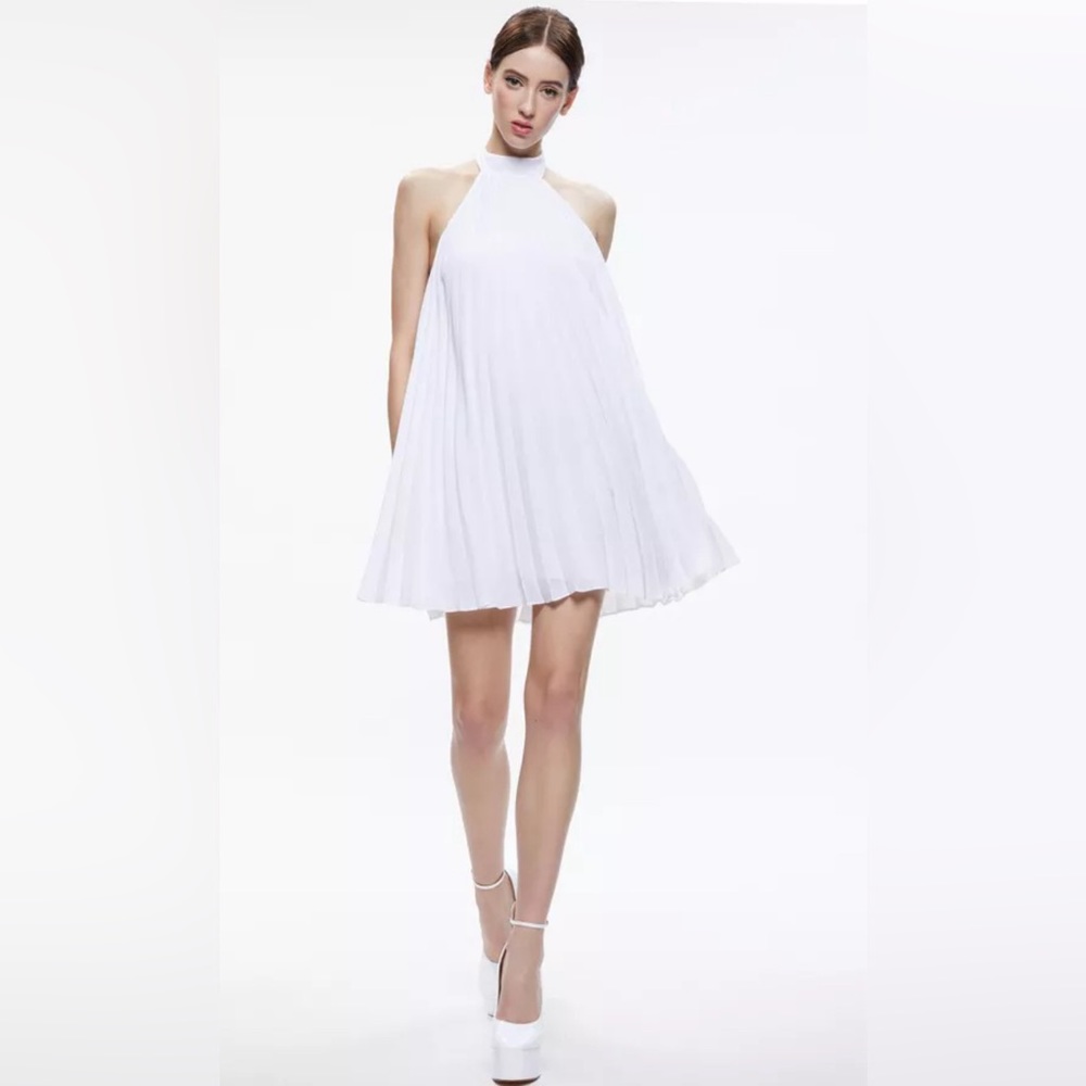 Alice + Olivia AVIANA pleated halter mini dress in white